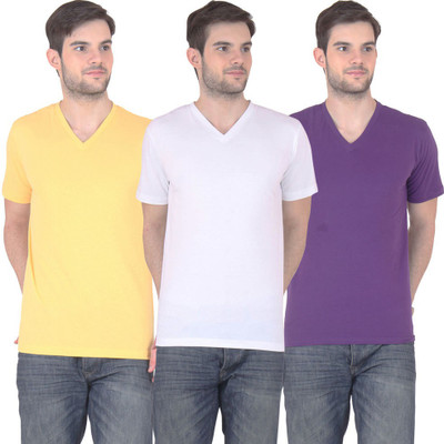

FnMe Solid Men' V-neck Multicolor T-Shirt(Pack of 3, Purple;white;yellow
