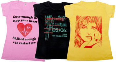

IndiWeaves Girls Printed, Solid T Shirt(Multicolor, Pink & black & yellow