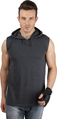 

SayItLoud Solid Men's Hooded Black T-Shirt, Black melange