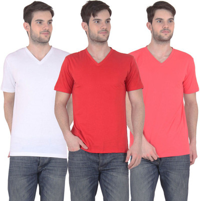 

FnMe Solid Men' V-neck Multicolor T-Shirt(Pack of 3, Carrot;red;white