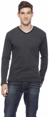 

Gritstones Striped Men' V-neck Black T-Shirt