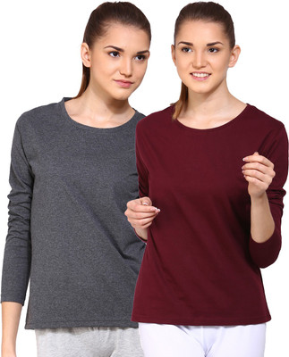 

Ap'pulse Solid Women's Round Neck Grey, Brown T-Shirt(Pack of 2), _amel_mron