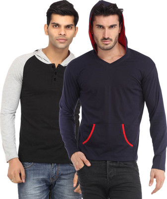 

Leana Solid Men's Hooded Multicolor T-Shirt(Pack of 2