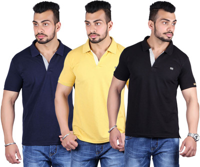 

Shineway Solid Men's Polo Neck Multicolor T-Shirt(Pack of 3, Black;gold;navy