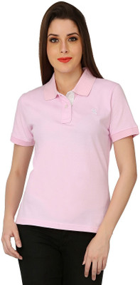 

The Cotton Company Solid Women's Polo Neck Pink T-Shirt
