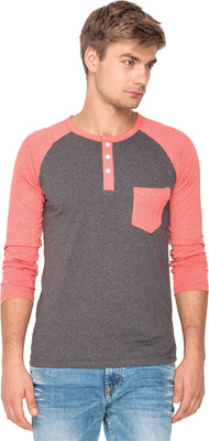 

Campus Sutra Solid Men Henley Grey, Red T-Shirt