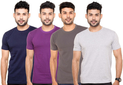 Fleximaa Solid Men Round Neck Purple, Blue, Grey T-Shirt