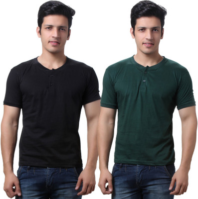 

TeeMoods Solid Men's Henley Black, Dark Green T-Shirt(Pack of 2), Black;bottle green