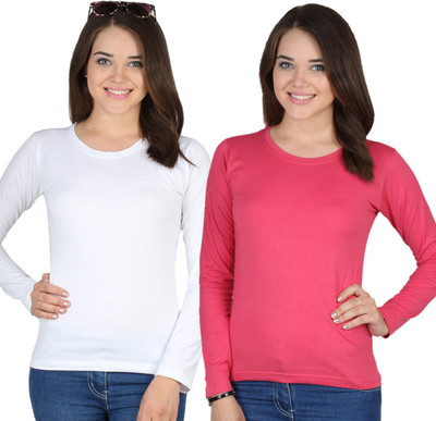 

SayItLoud Solid Women's Round Neck White, Pink T-Shirt(Pack of 2, Pink;white