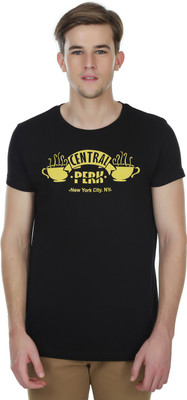 

White Kalia Printed Men' Round Neck Black T-Shirt