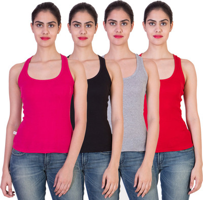 

2 Day Solid Women's Round Neck Multicolor T-Shirt(Pack of 4), Black;fushia;grey;red