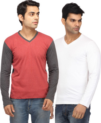 

Leana Solid Men' V-neck White, Red T-Shirt(Pack of 2, Red;white