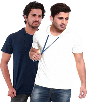 

Purple Square Solid Men's Hooded Multicolor T-Shirt(Pack of 2, Blue;white
