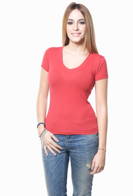 

Westhreads Solid Women' V-neck Red T-Shirt