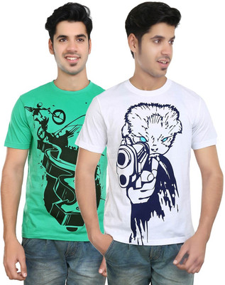 

Algotton Graphic Print Men's Round Neck White, Green T-Shirt(Pack of 2), Green;white