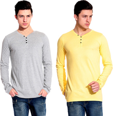

Lemon & Vodka Solid Men's Henley Yellow, Silver T-Shirt(Pack of 2