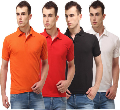 

Lime Solid Men's Polo Neck Orange, Red, Black, White T-Shirt(Pack of 4