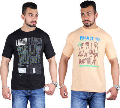 

Shineway Printed Men' Round Neck Multicolor T-Shirt(Pack of 2, Black;orange