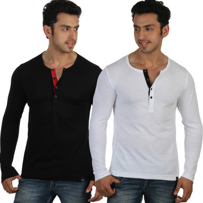 

Rigo Solid Men's Henley Black, White T-Shirt(Pack of 2)