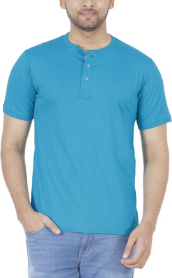 FLEXIMAA Solid Men Henley Blue T-Shirt