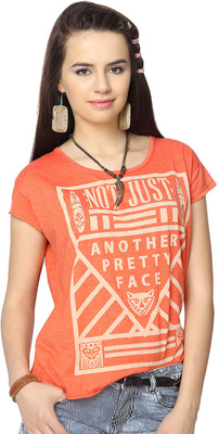 People Printed Women's Round Neck Orange T-Shirt