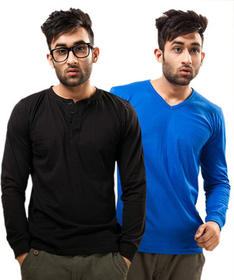

Unisopent Designs Solid Men's Henley Black, Blue T-Shirt(Pack of 2)