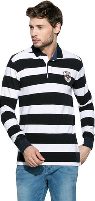 

Mufti Striped Men's Polo Neck Black, White T-Shirt, Navy