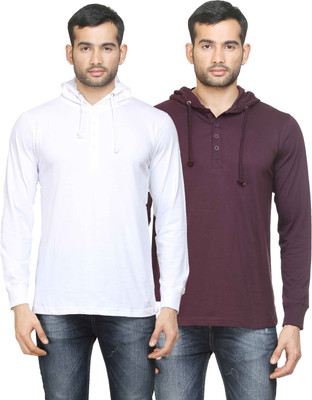 

Poshuis Solid Men' Hooded White, Maroon T-Shirt(Pack of 2, White and dark maroon