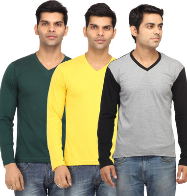 

Leana Solid Men's V-neck Grey, Yellow, Green T-Shirt(Pack of 3, Green;grey;yellow