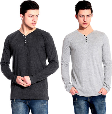 

Lemon & Vodka Solid Men's Henley Grey, Black T-Shirt(Pack of 2