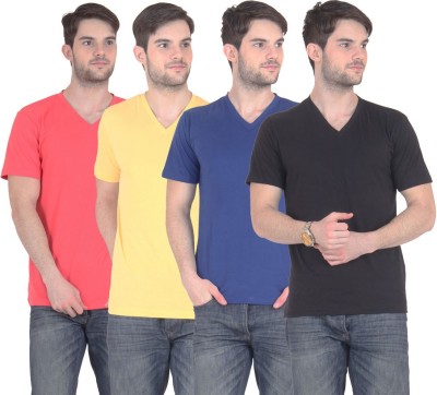 

FnMe Solid Men's V-neck Multicolor T-Shirt(Pack of 4, Black;blue;carrot;yellow