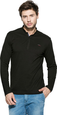 

Mufti Solid Men's Mandarin Collar White T-Shirt, Black
