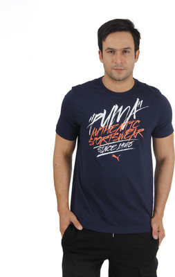 

Puma Graphic Print Men's Round Neck Blue T-Shirt, Peacoat