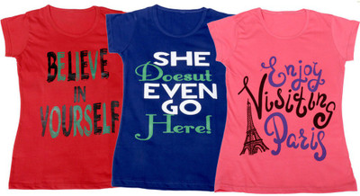 

IndiWeaves Girls Printed, Solid T Shirt(Multicolor, Red & blue & pink