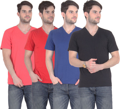 

E'Hiose Solid Men' V-neck Multicolor T-Shirt(Pack of 4, Black;blue;carrot;red