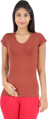 

Rham Gold Solid Women' V-neck Maroon T-Shirt