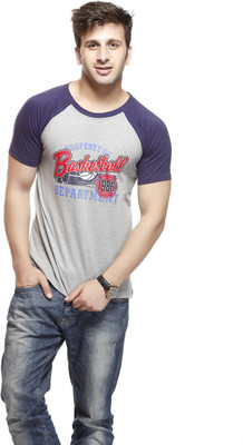 

Gritstones Printed Men' Round Neck Grey, Purple T-Shirt, Grey melange