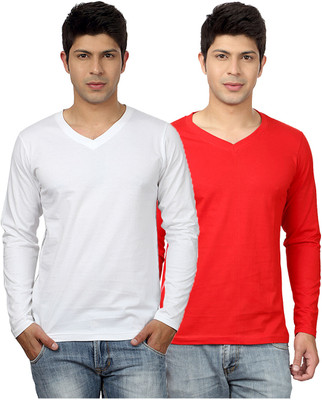 

Top Notch Solid Men's V-neck White, Red T-Shirt(Pack of 2)