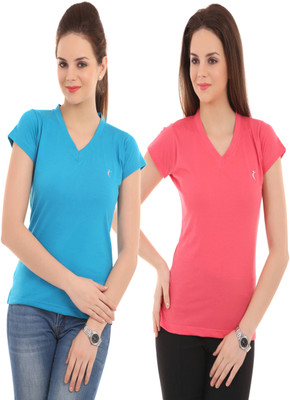 

Ultra Fit Solid Women's V-neck Blue, Pink T-Shirt(Pack of 2), Pink;skyblue
