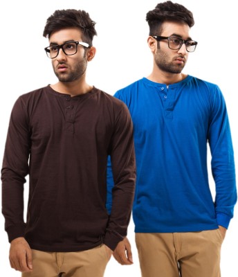 

Unisopent Designs Solid Men's Henley Brown, Blue T-Shirt(Pack of 2)