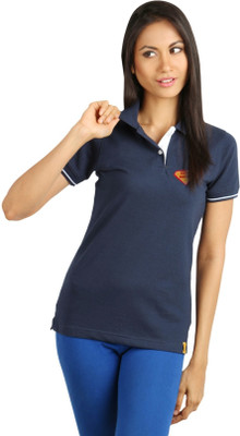 

Campus Sutra Solid Women' Polo Neck Blue T-Shirt