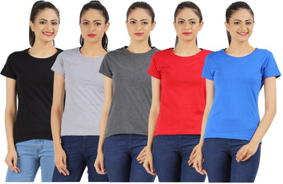 

Ap'pulse Solid Women's Round Neck Black, Blue, Grey, Red, Grey T-Shirt(Pack of 5), A.mel;black;g.mel;red;royalblue