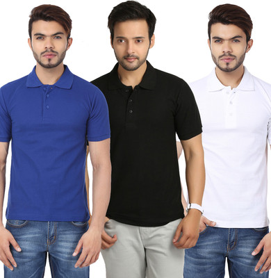 Weardo Solid Men's Polo Neck Black, White, Blue T-Shirt(Pack of 3), Black;royal blue;white