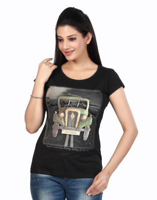 

Fritzberg Printed Women's Round Neck Black T-Shirt, Ebony black
