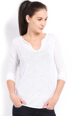 

Ten on Ten Self Design Women's Round Neck White T-Shirt