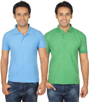 

Quetzal Solid Men's Polo Neck Green, Blue T-Shirt(Pack of 2, Light green;sky blue