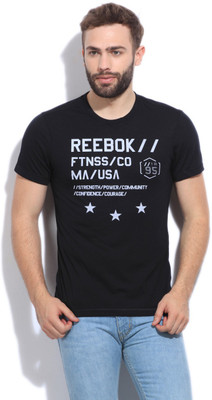 

REEBOK Printed Men's Round Neck Black T-Shirt