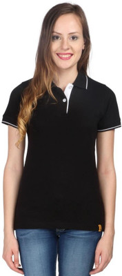 

Campus Sutra Solid Women' Polo Neck Black T-Shirt
