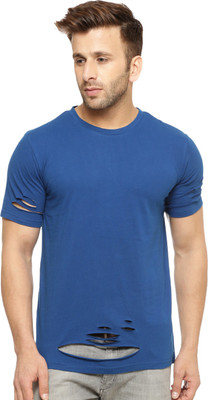 Gritstones Solid Men Round Neck Blue T-Shirt