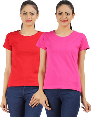 Ap'pulse Solid Women Round Neck Red, Pink T-Shirt